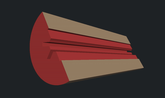 A 3-D cutaway of a burning finocyl grain rotating, the red burning surface receding as the grain burns back.